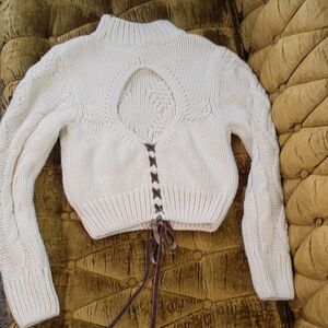 Zara Cream Heat Back Turtleneck Crop Sweater with Velvet Green Lace-Up Detail